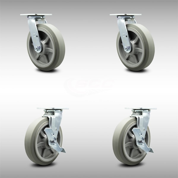 8 Inch SS Thermoplastic Rubber Swivel Caster Set with Ball Bearing 2 Brakes SCC